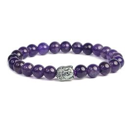 Amethyst Crystal Stone 8 mm Round Bead with Buddha Head Bracelet by tarotyoga.in