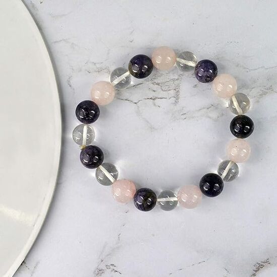 Amethyst, Clear Quartz, Rose Quartz Bracelet Crystal Stone Combination 8 mm Round Bead Bracelet by tarotyoga.in