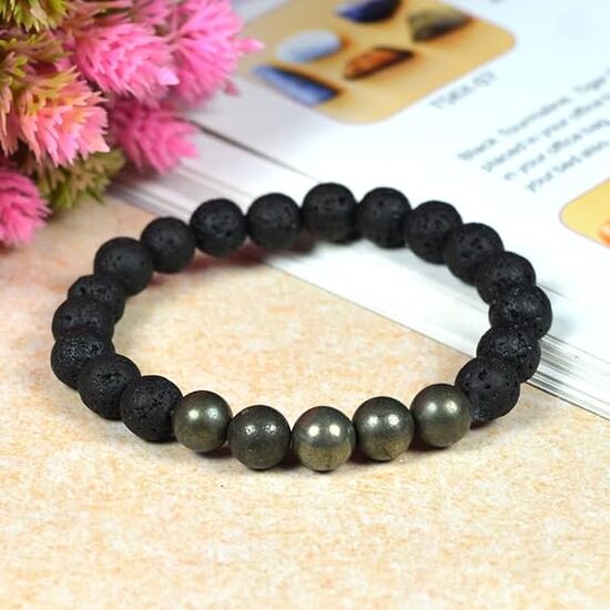 Lava with Pyrite Crystal Stone 8 mm Round Bead Bracelet by tarotyoga.in