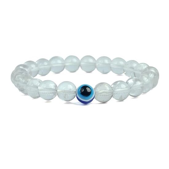 Clear Quartz with Evil Eye Crystal Stone 8 mm Round Bead Bracelet by tarotyoga.in