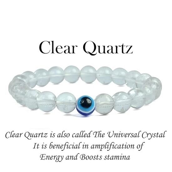 Clear Quartz with Evil Eye Crystal Stone 8 mm Round Bead Bracelet by tarotyoga.in