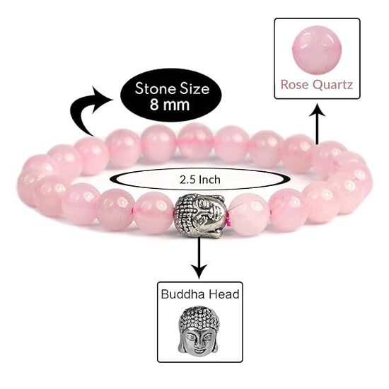 Rose Quartz Crystal Stone 8 mm Round Bead with Buddha Head Bracelet by tarotyoga.in