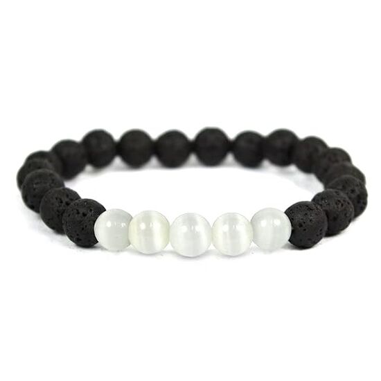 Lava with Selenite Crystal Stone Combination 8 mm Round Bead Bracelet by tarotyoga.in