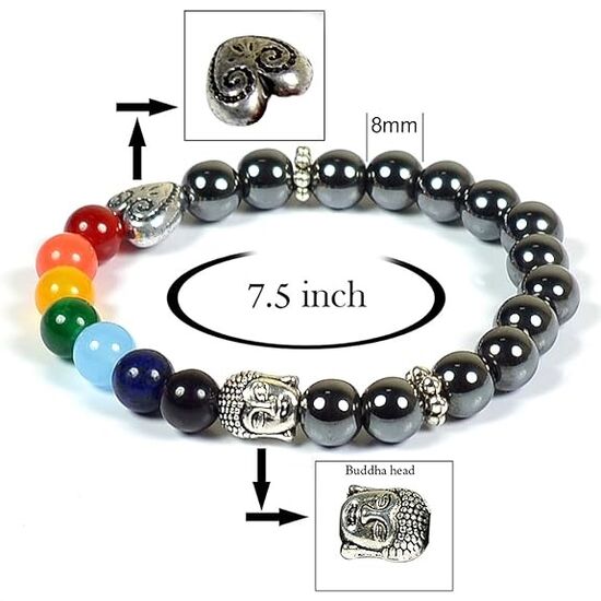 Hematite with 7 Chakra Crystal Stone 8 mm Round Bead with Buddha Head Bracelet by tarotyoga.in