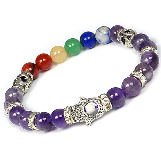 Amethyst 7 Chakra Crystal Stone Combination 8 mm Round Bead with Hamsa Charm Bracelet by tarotyoga.in