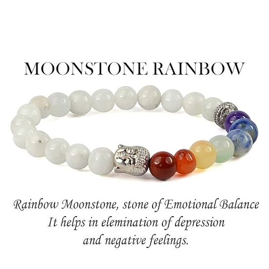 Rainbow Moonstone 7 Chakra Crystal Stone 8 mm Round Bead with Buddha Head Bracelet by tarotyoga.in