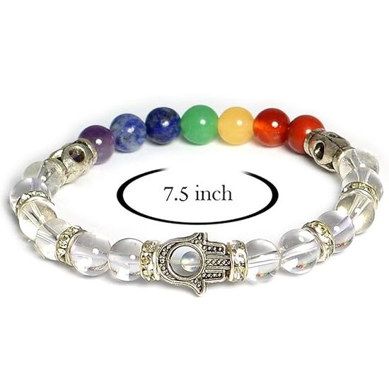 Clear Quartz 7 Chakra Crystal Stone 8 mm Round Bead with Hamsa Charm Bracelet by tarotyoga.in