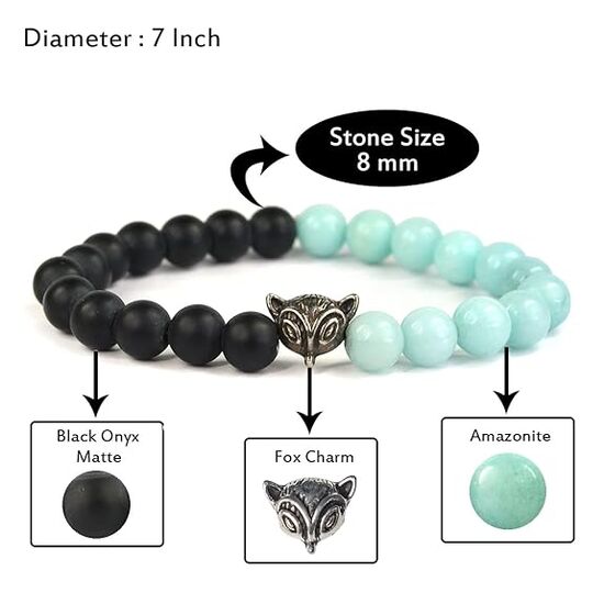 Black Onyx and Amazonite Single Stone Combination 8 mm Round Bead with Fox Charm Bracelet by tarotyoga.in