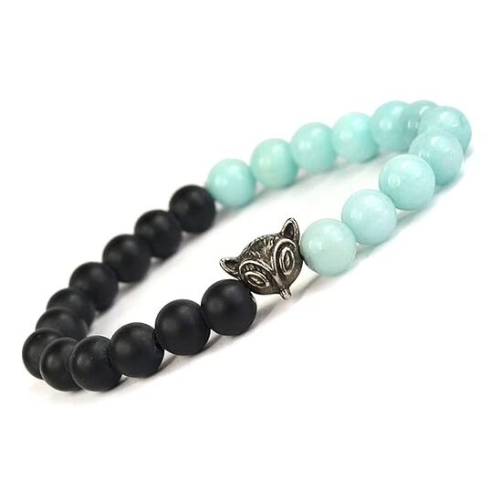 Black Onyx and Amazonite Single Stone Combination 8 mm Round Bead with Fox Charm Bracelet by tarotyoga.in