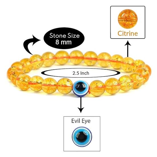 Citrine with Evil Eye Crystal Stone Combination 8 mm Round Bead Bracelet by tarotyoga.in