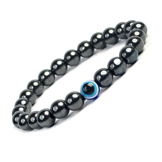 Hematite with Evil Eye Crystal Stone Combination 8 mm Round Bead Bracelet by tarotyoga.in