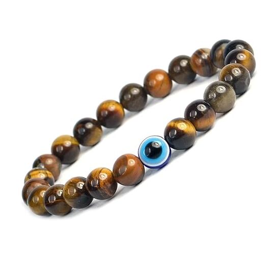 Tiger Eye with Evil Eye Crystal Stone Combination 8 mm Round Bead Bracelet by tarotyoga.in