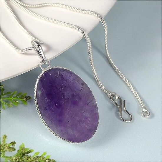 Amethyst Oval Shape Crystal Stone Locket Pendant with Metal Chain by tarotyoga.in