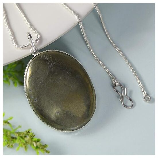 Pyrite Oval Shape Crystal Stone Locket Pendant with Metal Chain by tarotyoga.in