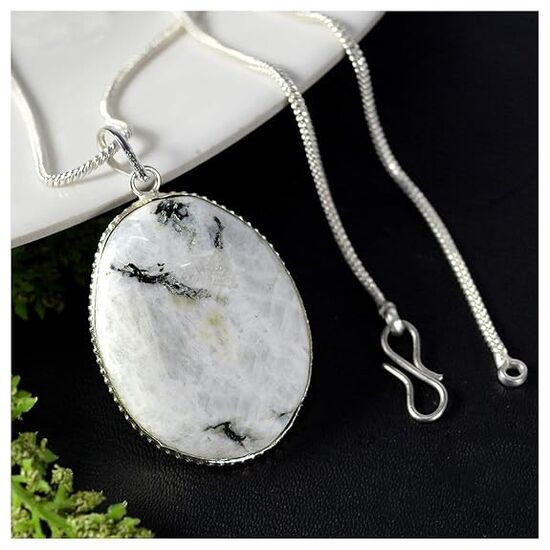 Rainbow Moonstone Oval Shape Crystal Stone Locket Pendant with Metal Chain by tarotyoga.in