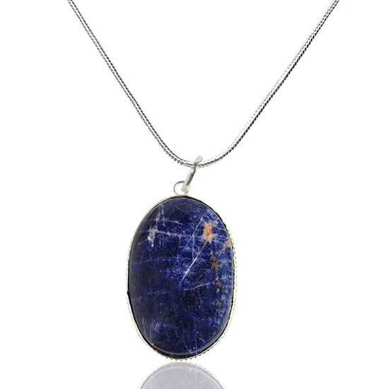 Sodalite Oval Shape Crystal Stone Locket Pendant with Metal Chain by tarotyoga.in